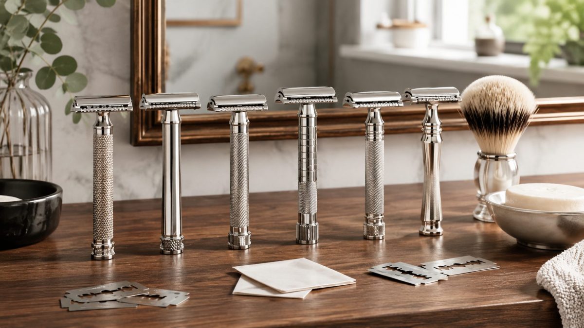Plusieurs rasoirs de sûreté métalliques alignés sur un plan de travail en bois, accompagnés de lames neuves, d’un blaireau et d’un savon de rasage dans une salle de bain lumineuse.