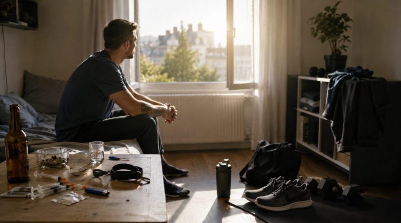 Homme seul assis dans un petit appartement, regard tourné vers une fenêtre laissant entrer une lumière douce. Sur une table se trouvent des objets évoquant un passé difficile tandis qu’une tenue de sport et une paire de baskets symbolisent une nouvelle vie tournée vers la reconstruction et l’abstinence.