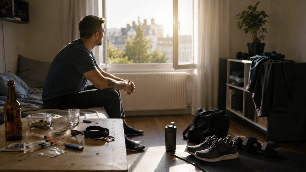 Homme seul assis dans un petit appartement, regard tourné vers une fenêtre laissant entrer une lumière douce. Sur une table se trouvent des objets évoquant un passé difficile tandis qu’une tenue de sport et une paire de baskets symbolisent une nouvelle vie tournée vers la reconstruction et l’abstinence.