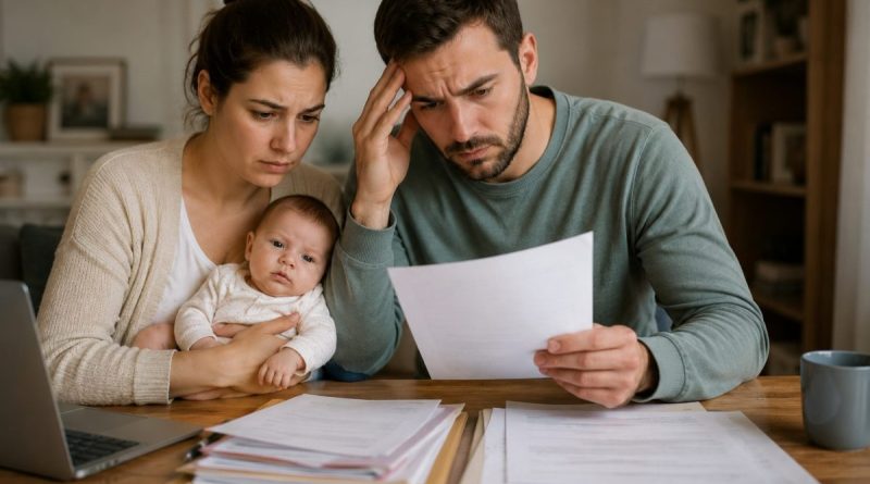 Jeune couple tenant son nouveau-né tout en examinant des documents administratifs à leur domicile, illustrant les difficultés et l'inquiétude provoquées par une erreur administrative concernant l'identité d'un bébé.