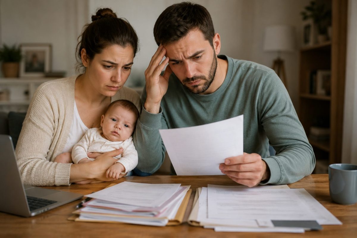Jeune couple tenant son nouveau-né tout en examinant des documents administratifs à leur domicile, illustrant les difficultés et l'inquiétude provoquées par une erreur administrative concernant l'identité d'un bébé.