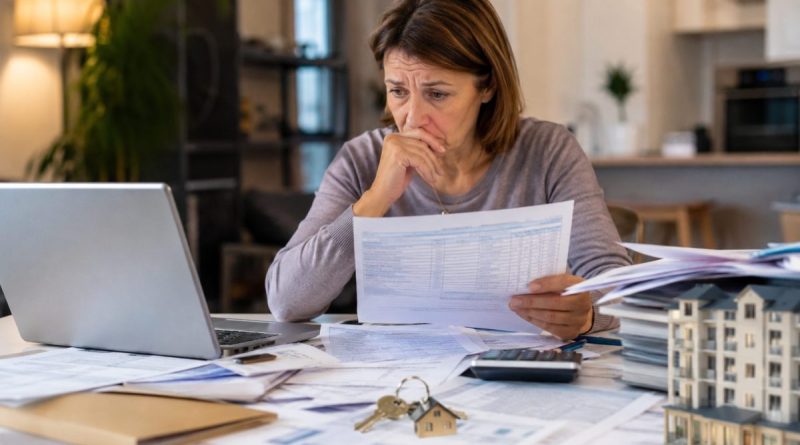 Femme d'une cinquantaine d'années assise devant un ordinateur portable, examinant des documents financiers et administratifs étalés sur une table. Des clés d'appartements, une calculatrice et des dossiers immobiliers sont visibles au premier plan, illustrant une enquête portant sur des revenus locatifs et des allocations sociales indûment perçues.