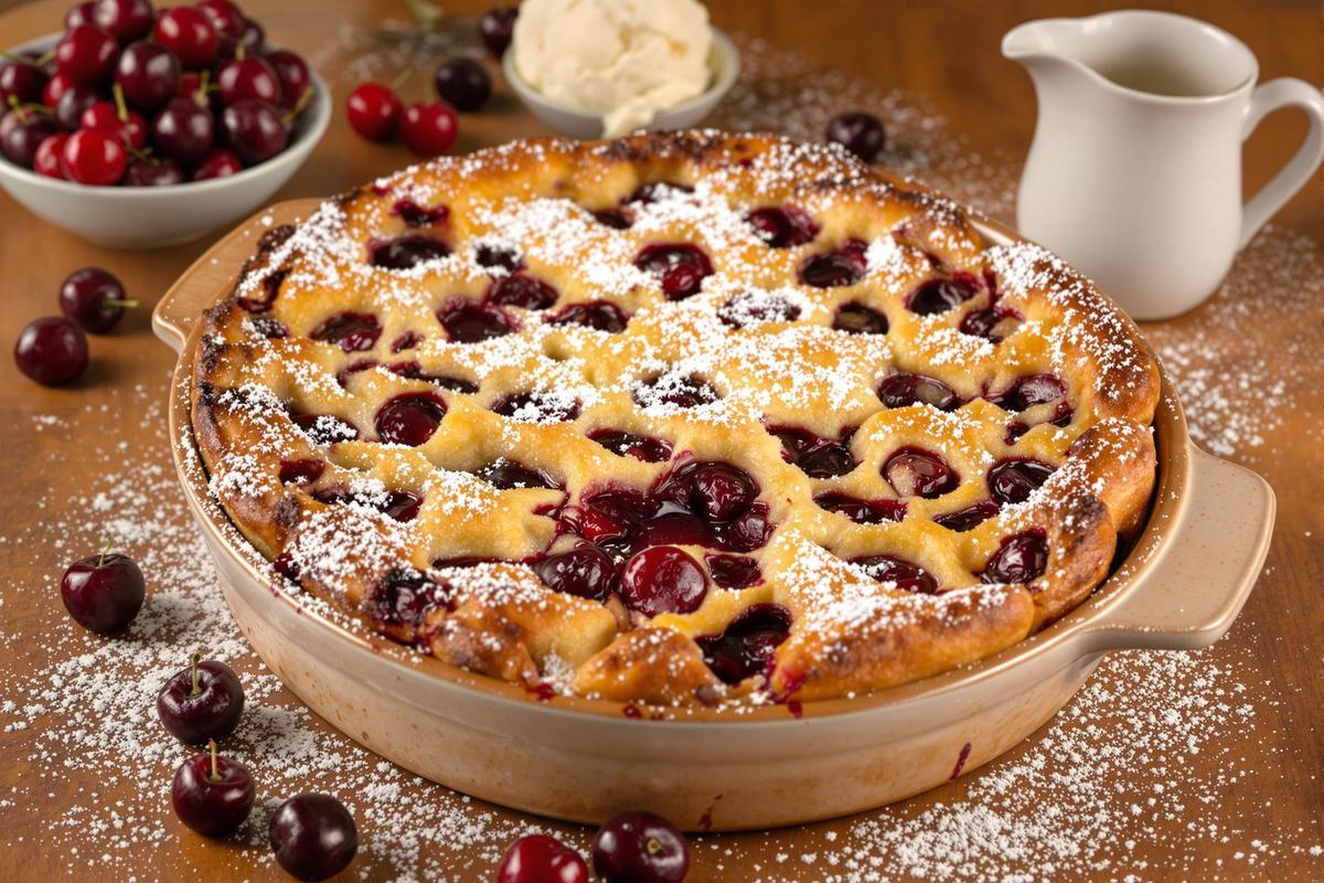 Clafoutis aux cerises généreusement garni de fruits rouges et saupoudré de sucre glace, présenté dans un plat de cuisson en céramique sur une table en bois, entouré de cerises fraîches et d’ingrédients de pâtisserie, évoquant une recette traditionnelle française gourmande et conviviale.