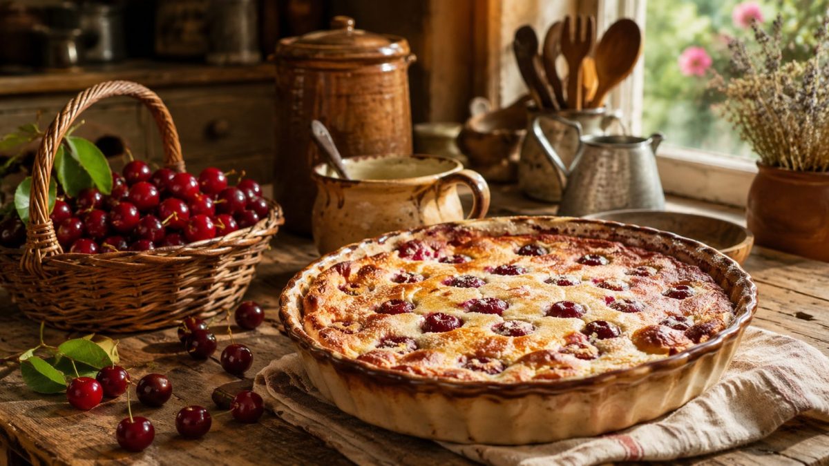 Clafoutis traditionnel aux cerises fraîchement sorti du four, présenté dans un plat rustique en céramique sur une table de campagne, entouré de cerises mûres et d’ustensiles de cuisine anciens évoquant les traditions culinaires françaises.