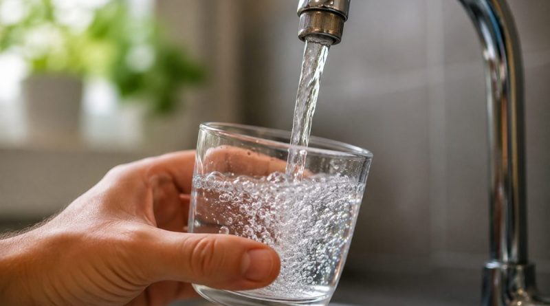 Main tenant un verre transparent sous un robinet d’eau potable en fonctionnement, tandis qu’un filet d’eau claire remplit progressivement le verre. Gros plan sur les bulles et la transparence de l’eau dans une cuisine lumineuse. Cette image illustre l’accès à l’eau du robinet, l’hydratation quotidienne, la consommation d’eau potable et les recommandations en période de fortes chaleurs ou de canicule.