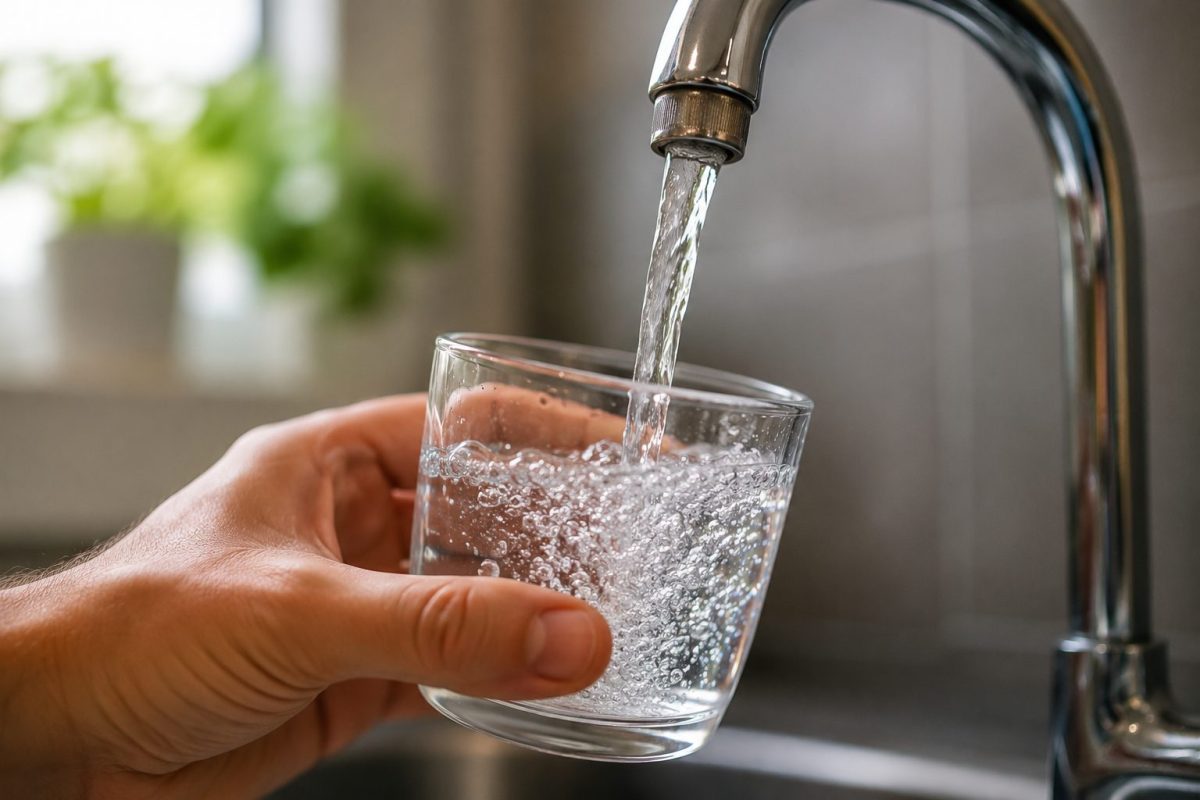 Main tenant un verre transparent sous un robinet d’eau potable en fonctionnement, tandis qu’un filet d’eau claire remplit progressivement le verre. Gros plan sur les bulles et la transparence de l’eau dans une cuisine lumineuse. Cette image illustre l’accès à l’eau du robinet, l’hydratation quotidienne, la consommation d’eau potable et les recommandations en période de fortes chaleurs ou de canicule.