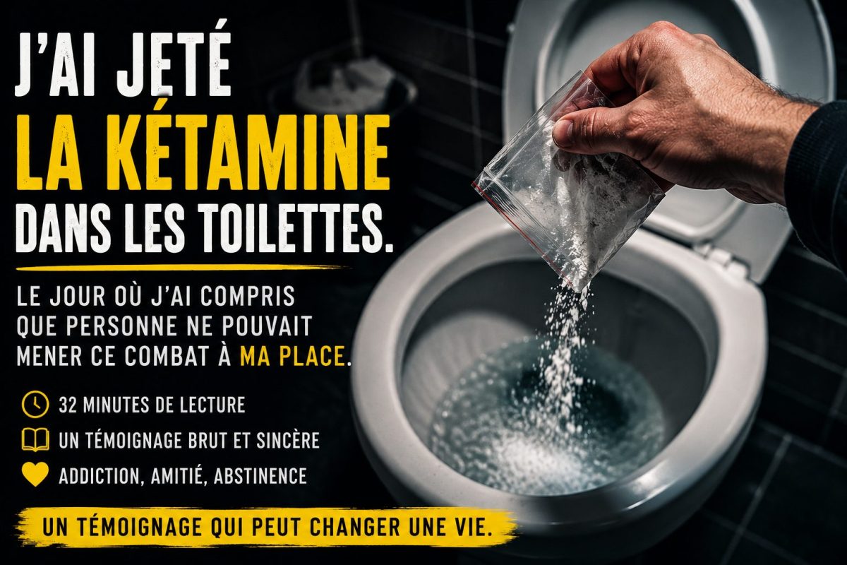 Un homme verse volontairement un sachet de kétamine dans des toilettes, illustrant le moment décisif où il choisit de renoncer à la drogue pour préserver son abstinence. Cette scène symbolise un combat contre l'addiction, la reconstruction personnelle et la décision de reprendre le contrôle de sa vie malgré la souffrance.