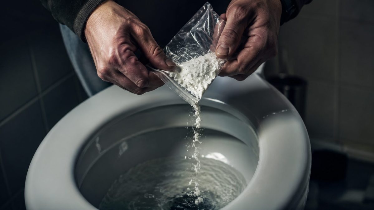 Gros plan sur deux mains versant une poudre blanche dans des toilettes, illustrant la décision de se débarrasser définitivement d’une drogue dans le cadre d’un combat contre l’addiction et du choix de poursuivre une abstinence totale.