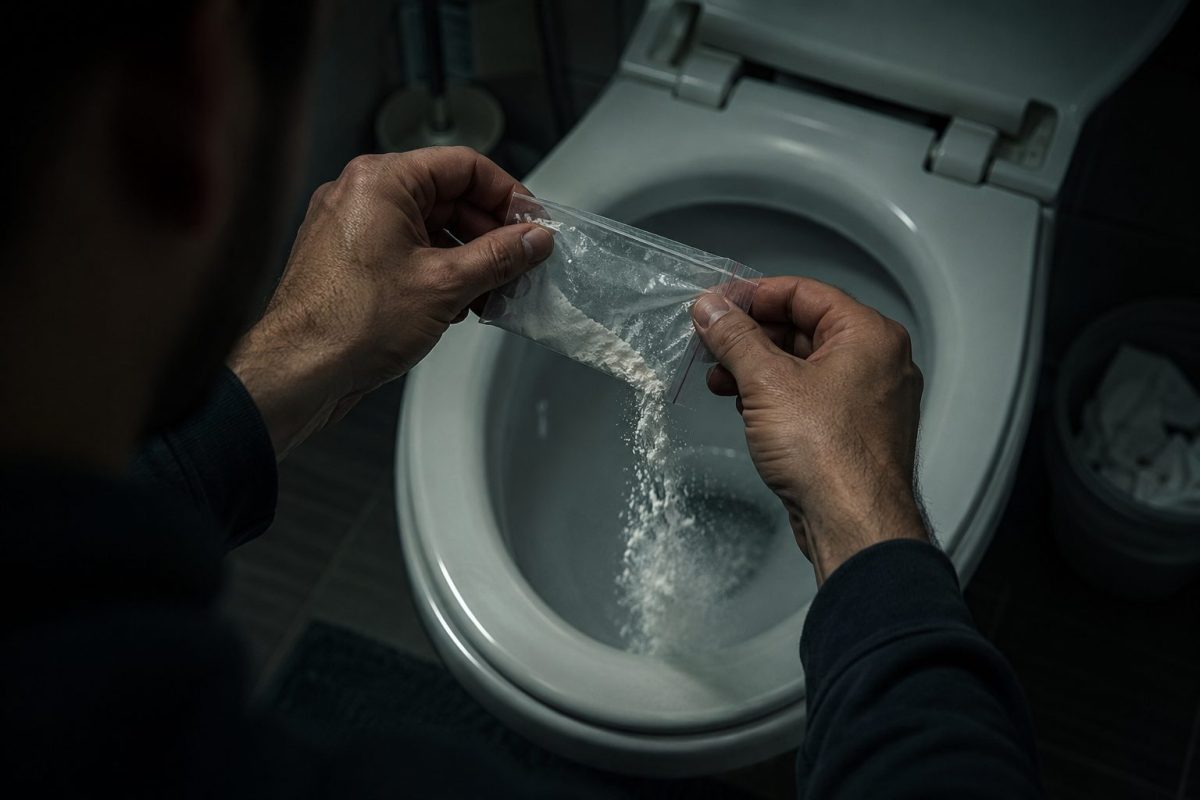 Deux mains tiennent un sachet de poudre blanche au-dessus de toilettes, illustrant le moment où un homme choisit de renoncer à la kétamine pour préserver son abstinence, malgré une profonde souffrance et une amitié mise à rude épreuve.