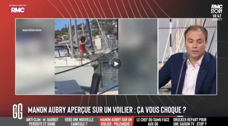 Capture d'écran de l'émission Les Grandes Gueules sur RMC Story montrant Manon Aubry à bord d'un voilier après la polémique née de sa photo en mer. À droite, Charles Consigny intervient sur le plateau pour prendre la défense de la députée européenne de La France insoumise, estimant que les critiques à son encontre sont injustifiées.