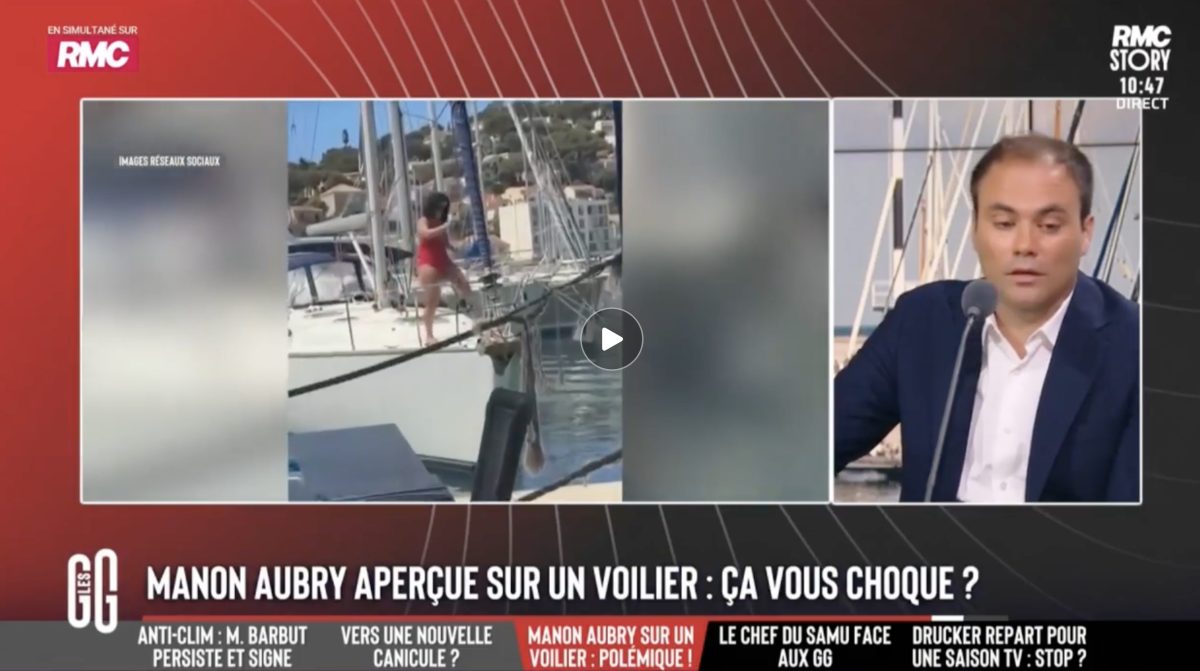 Capture d'écran de l'émission Les Grandes Gueules sur RMC Story montrant Manon Aubry à bord d'un voilier après la polémique née de sa photo en mer. À droite, Charles Consigny intervient sur le plateau pour prendre la défense de la députée européenne de La France insoumise, estimant que les critiques à son encontre sont injustifiées.