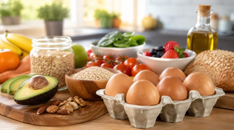 Plusieurs œufs frais disposés dans une boîte en carton à côté d’un petit-déjeuner équilibré composé de fruits, de céréales complètes et d’aliments favorables à la santé cardiovasculaire.