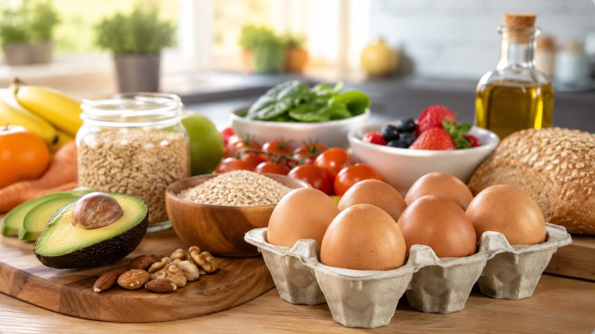 Plusieurs œufs frais disposés dans une boîte en carton à côté d’un petit-déjeuner équilibré composé de fruits, de céréales complètes et d’aliments favorables à la santé cardiovasculaire.