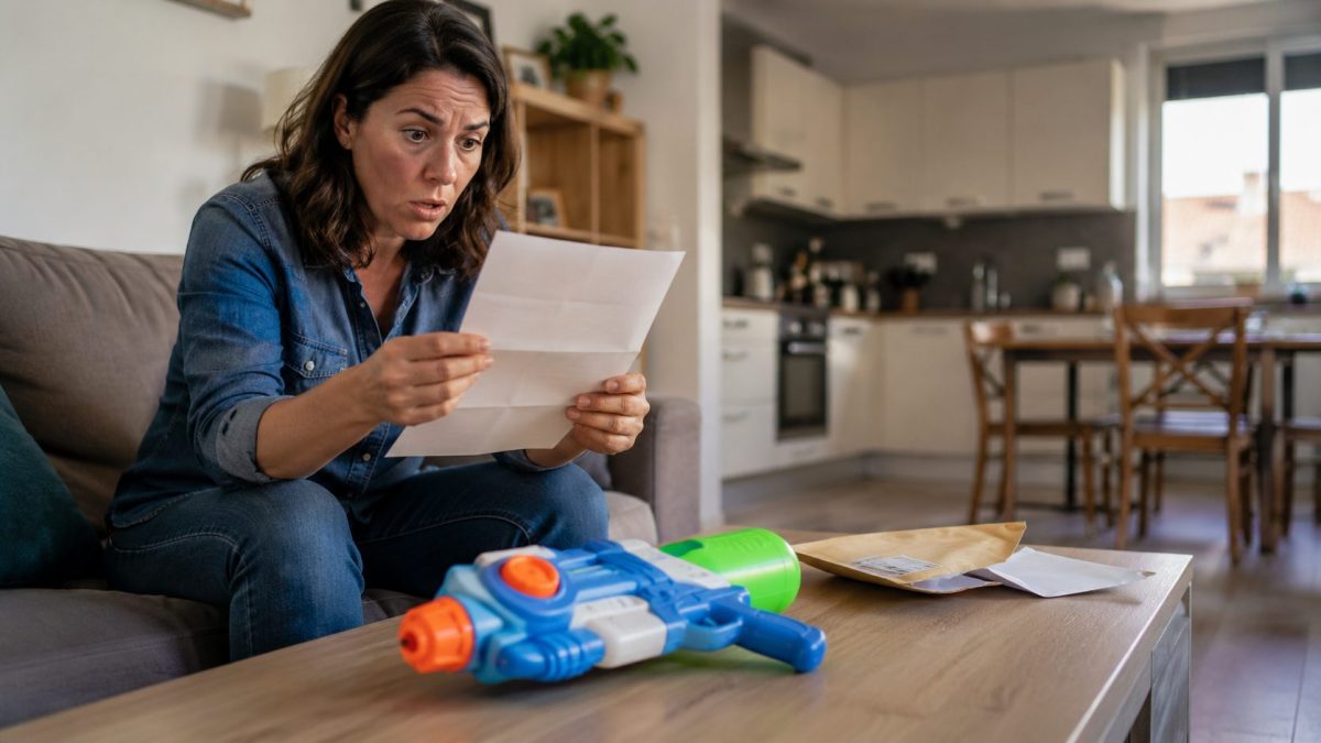 Femme surprise ouvrant un courrier administratif dans son salon tandis qu’un pistolet à eau coloré repose sur une table, illustrant les conséquences inattendues d’un achat de jouet sur Internet.