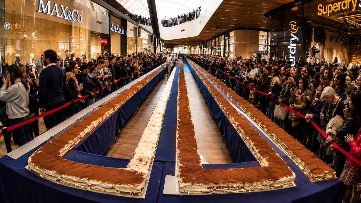 Immense tiramisu géant présenté dans une galerie commerciale bondée, où des centaines de visiteurs se pressent derrière des barrières pour admirer et photographier un dessert record recouvert de cacao. Le gâteau s’étend sur de longues tables alignées sur plusieurs centaines de mètres, illustrant un exploit culinaire exceptionnel réalisé pour battre un record du monde de pâtisserie.