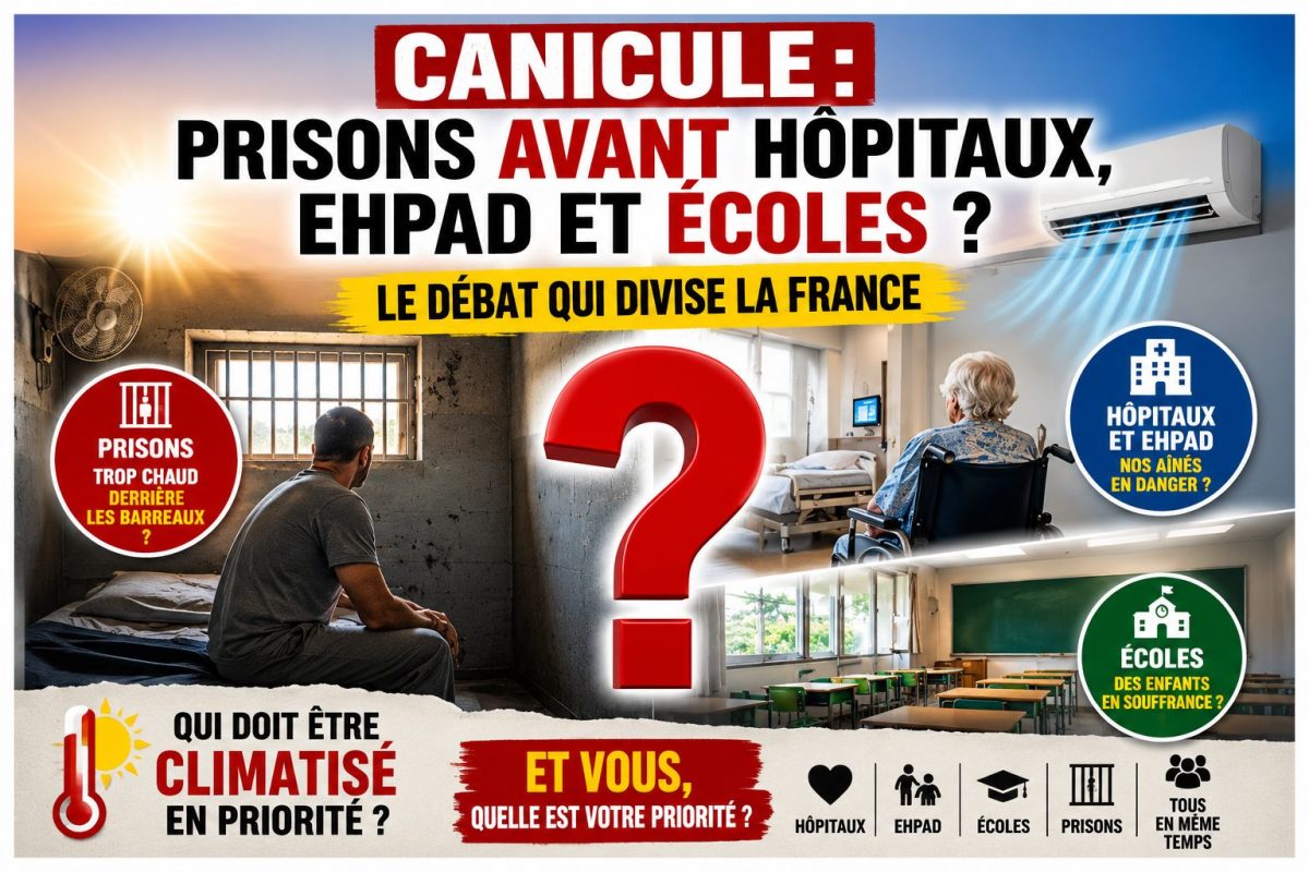 Illustration représentant une prison, un hôpital et une salle de classe sous une forte chaleur, avec des climatiseurs et un point d'interrogation symbolisant le débat sur les priorités de climatisation des bâtiments publics en France pendant la canicule.