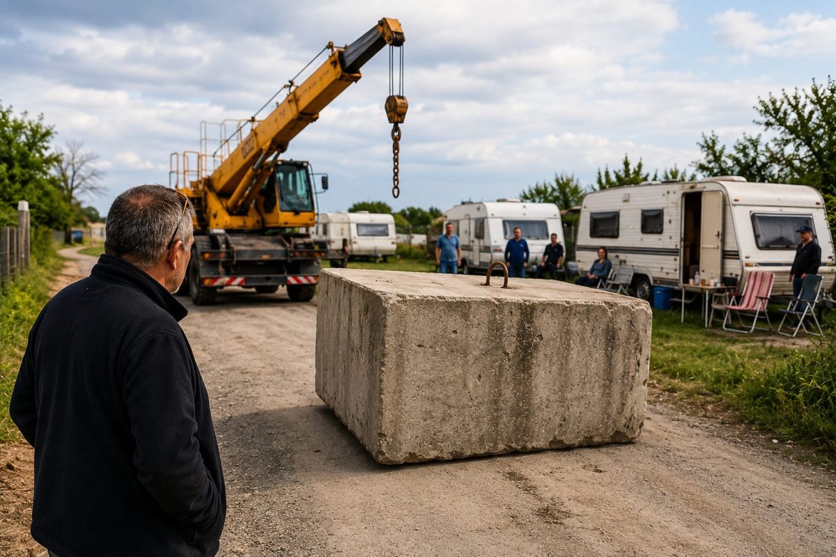 Propriétaire observant un imposant bloc de béton déposé au milieu d’un chemin d’accès rural, tandis qu’une grue de chantier et plusieurs caravanes stationnées apparaissent en arrière-plan sous un ciel nuageux, illustrant un conflit lié à l’occupation d’un terrain privé.