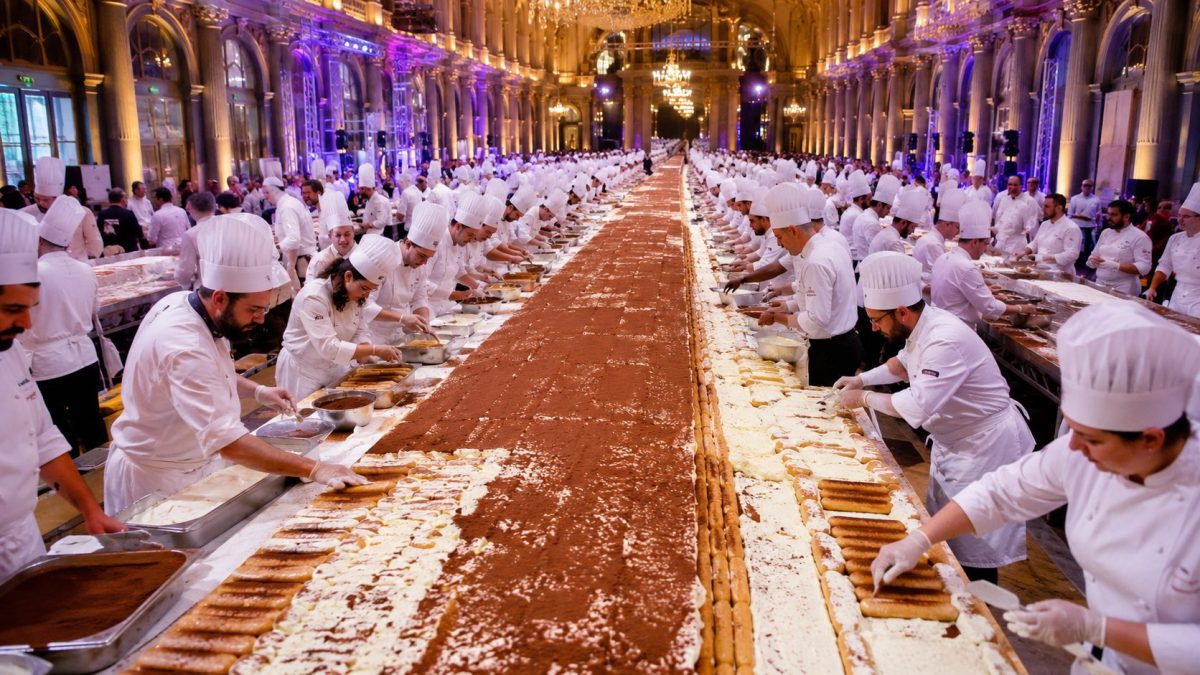 Immense tiramisu géant s’étendant sur plusieurs centaines de mètres dans une vaste salle de réception illuminée, où des dizaines de pâtissiers en tenue blanche assemblent minutieusement des couches de biscuits imbibés de café, de crème mascarpone et de cacao. Cette scène spectaculaire illustre un record mondial de pâtisserie réalisé grâce à des milliers d’ingrédients et au travail coordonné d’une centaine de chefs autour du plus long tiramisu jamais confectionné.