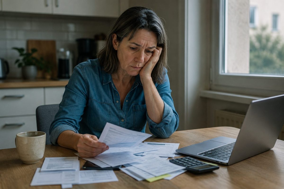 Femme d'une cinquantaine d'années assise seule à une table avec des factures et des documents administratifs devant elle, affichant une expression d'inquiétude face aux difficultés financières et à l'incertitude concernant son avenir professionnel et sa retraite.