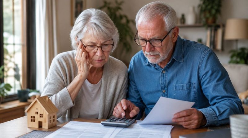 Couple de retraités propriétaires assis à une table de leur domicile, consultant des documents fiscaux et utilisant une calculatrice à côté d'une maquette de maison. Cette illustration représente la taxe foncière 2026 et les dispositifs d'exonération ou de réduction accordés aux retraités nés avant 1961 selon leur âge et leur revenu fiscal de référence, dans un contexte de hausse des impôts locaux et de préservation du pouvoir d'achat des seniors.