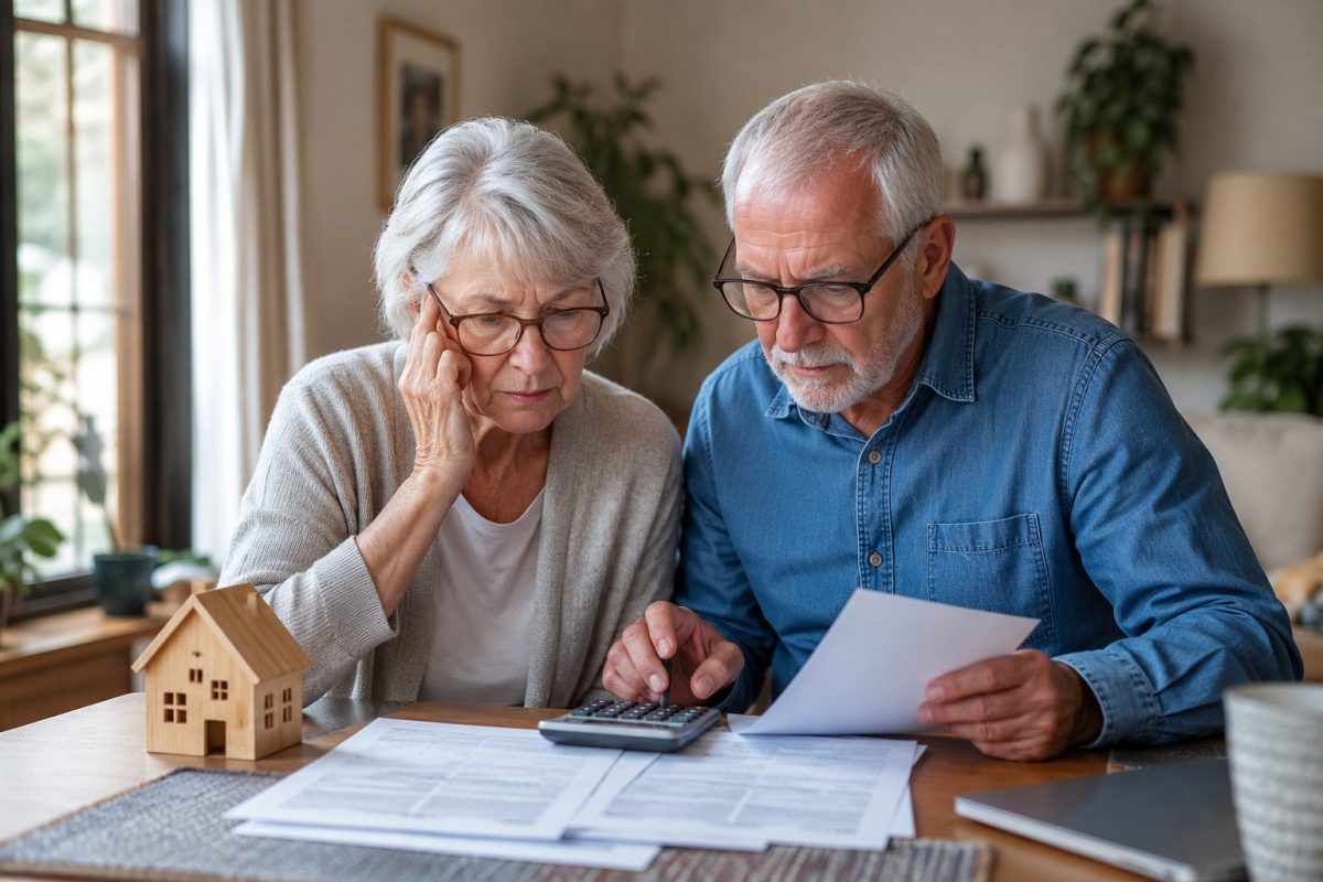 Couple de retraités propriétaires assis à une table de leur domicile, consultant des documents fiscaux et utilisant une calculatrice à côté d'une maquette de maison. Cette illustration représente la taxe foncière 2026 et les dispositifs d'exonération ou de réduction accordés aux retraités nés avant 1961 selon leur âge et leur revenu fiscal de référence, dans un contexte de hausse des impôts locaux et de préservation du pouvoir d'achat des seniors.
