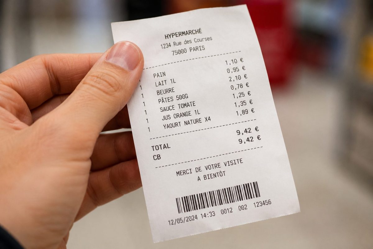 Une main tenant un ticket de caisse en gros plan dans un magasin, avec les détails du reçu parfaitement visibles. Cette image illustre une affaire controversée impliquant une salariée accusée de vol après avoir récupéré un ticket de caisse abandonné, symbole des tensions et des procédures disciplinaires dans la grande distribution.