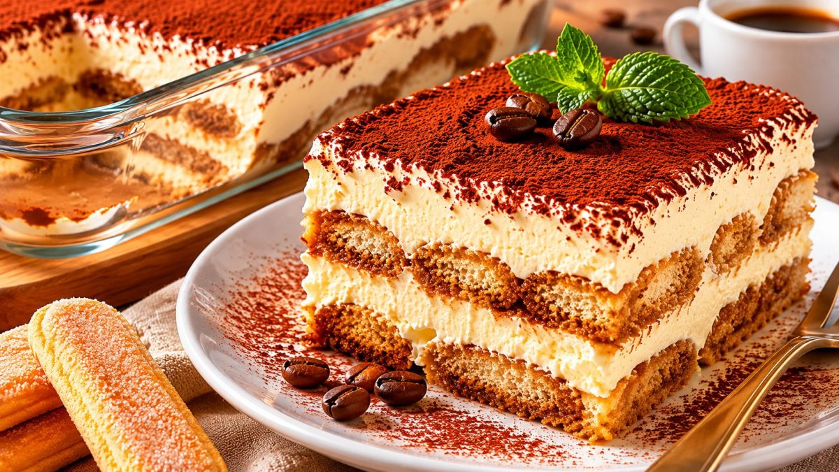Part de tiramisu maison présentée dans un plat en verre transparent, avec des couches parfaitement visibles de biscuits imbibés de café et de crème mascarpone épaisse. Le dessert est recouvert d’une fine couche de cacao en poudre et présente une texture ferme, crémeuse et généreuse. Cette image met en valeur un tiramisu italien traditionnel prêt à être dégusté, avec une découpe nette révélant toute l’onctuosité de ses différentes couches.
