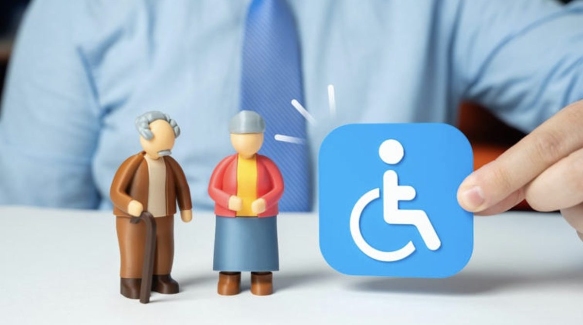 Illustration représentant deux personnes âgées aux côtés d'un pictogramme de fauteuil roulant, symbolisant la pension d'invalidité et le passage à la retraite en France. Cette image illustre les règles concernant le maintien de la pension d'invalidité, son remplacement par la retraite pour inaptitude, l'âge légal de départ à la retraite, les droits des bénéficiaires, l'Assurance Maladie et les conséquences sur le montant de la pension et du pouvoir d'achat.