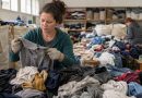 Bénévole d’une association triant une grande quantité de vêtements donnés, dont certains sont trop abîmés pour être réutilisés.