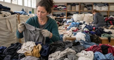 Bénévole d’une association triant une grande quantité de vêtements donnés, dont certains sont trop abîmés pour être réutilisés.