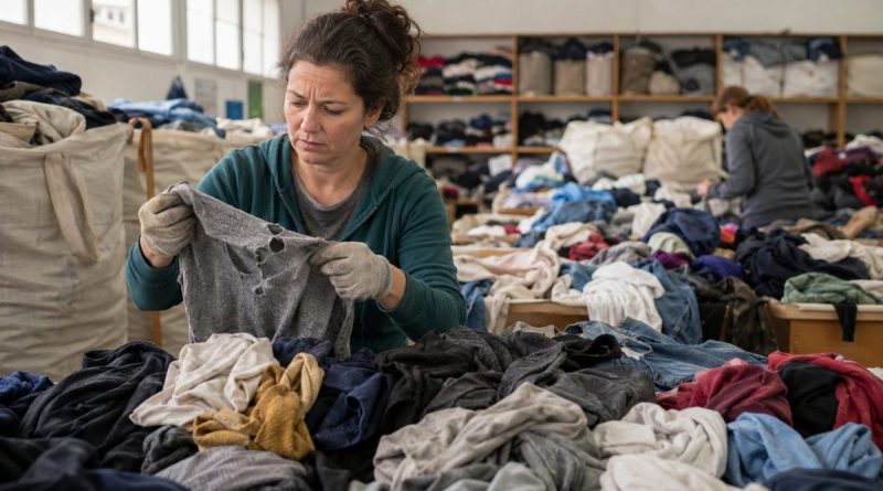Bénévole d’une association triant une grande quantité de vêtements donnés, dont certains sont trop abîmés pour être réutilisés.