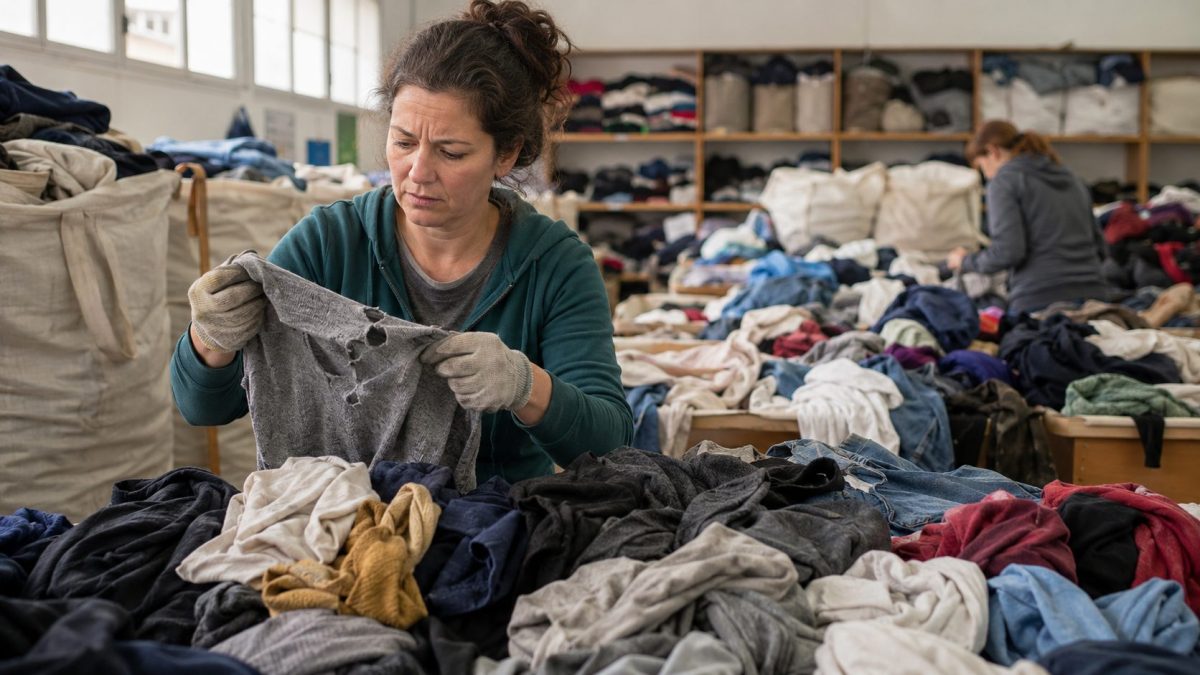 Bénévole d’une association triant une grande quantité de vêtements donnés, dont certains sont trop abîmés pour être réutilisés.