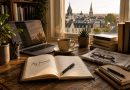 Bureau d'écriture de Yann Gouriou avec un carnet MyJournal, un ordinateur portable, une tasse de café, des livres et une vue sur Rennes, illustrant la philosophie et les coulisses du blog MyJournal.fr.