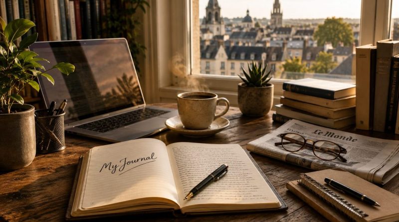 Bureau d'écriture de Yann Gouriou avec un carnet MyJournal, un ordinateur portable, une tasse de café, des livres et une vue sur Rennes, illustrant la philosophie et les coulisses du blog MyJournal.fr.