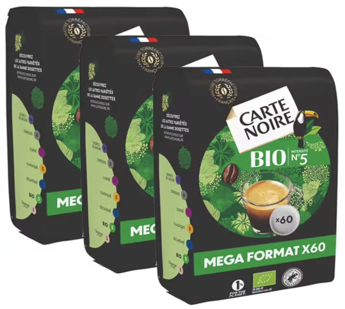 Paquets de capsules de café Carte Noire Bio Espresso 100 % Arabica compatibles Nespresso, vendus en supermarché. Cette référence figure en dernière position d'un comparatif de capsules de café publié par 60 Millions de consommateurs, qui a évalué la qualité des capsules de café, la présence de pesticides, d'hydrocarbures aromatiques polycycliques (HAP), d'acrylamide et d'autres contaminants afin d'établir un classement des meilleures et des moins bonnes capsules de café disponibles en supermarché.