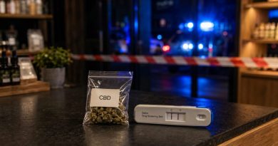 Sachet de fleurs de CBD et test salivaire sur le comptoir d’une boutique fermée, avec des gyrophares de gendarmerie en arrière-plan.
