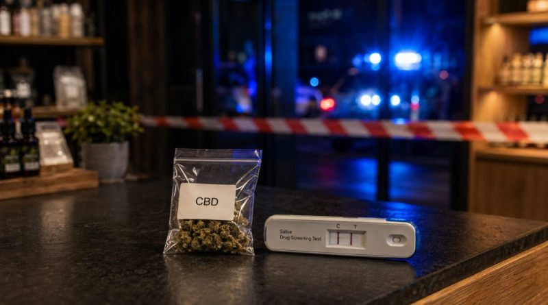 Sachet de fleurs de CBD et test salivaire sur le comptoir d’une boutique fermée, avec des gyrophares de gendarmerie en arrière-plan.