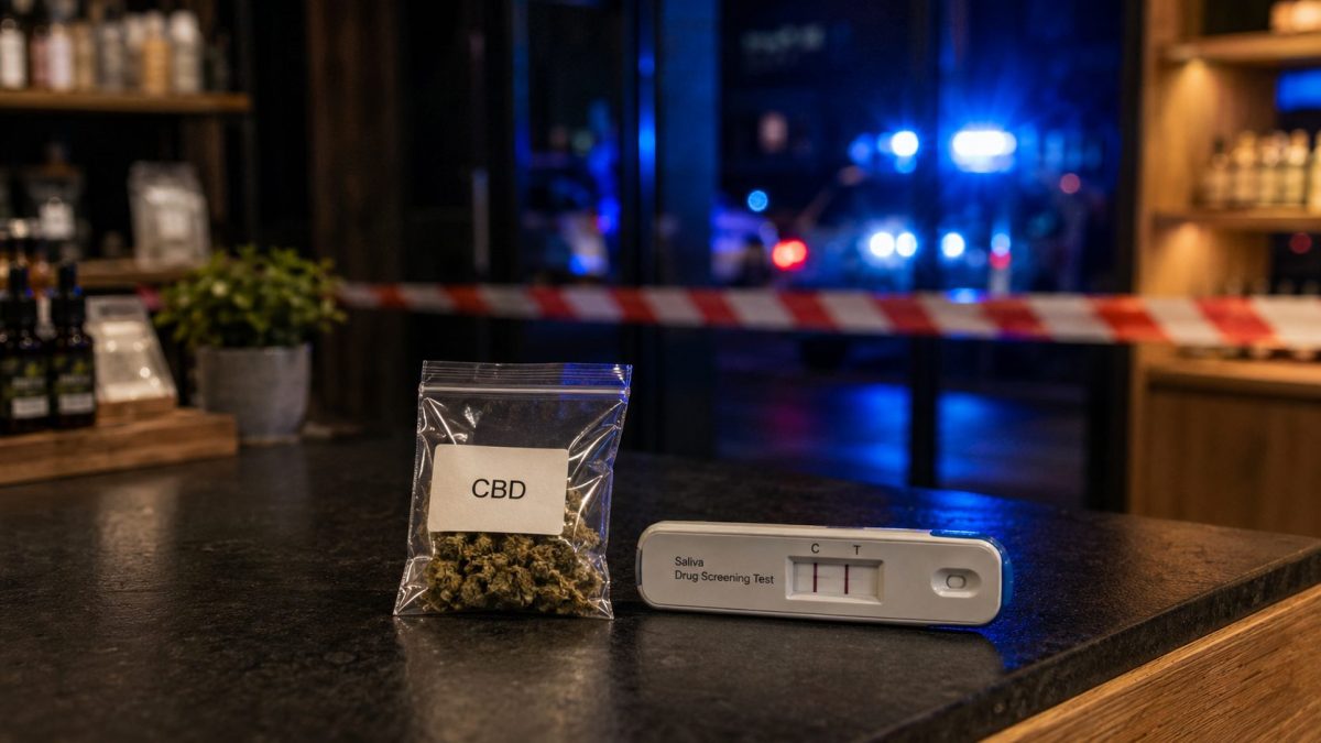 Sachet de fleurs de CBD et test salivaire sur le comptoir d’une boutique fermée, avec des gyrophares de gendarmerie en arrière-plan.