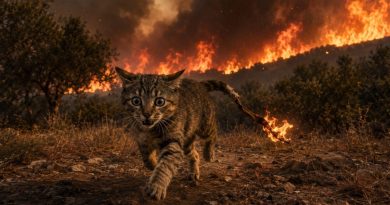 Chat terrifié fuyant un incendie de forêt en Calabre, en Italie, avec un chiffon enflammé attaché à la queue, illustration des accusations visant des pyromanes.