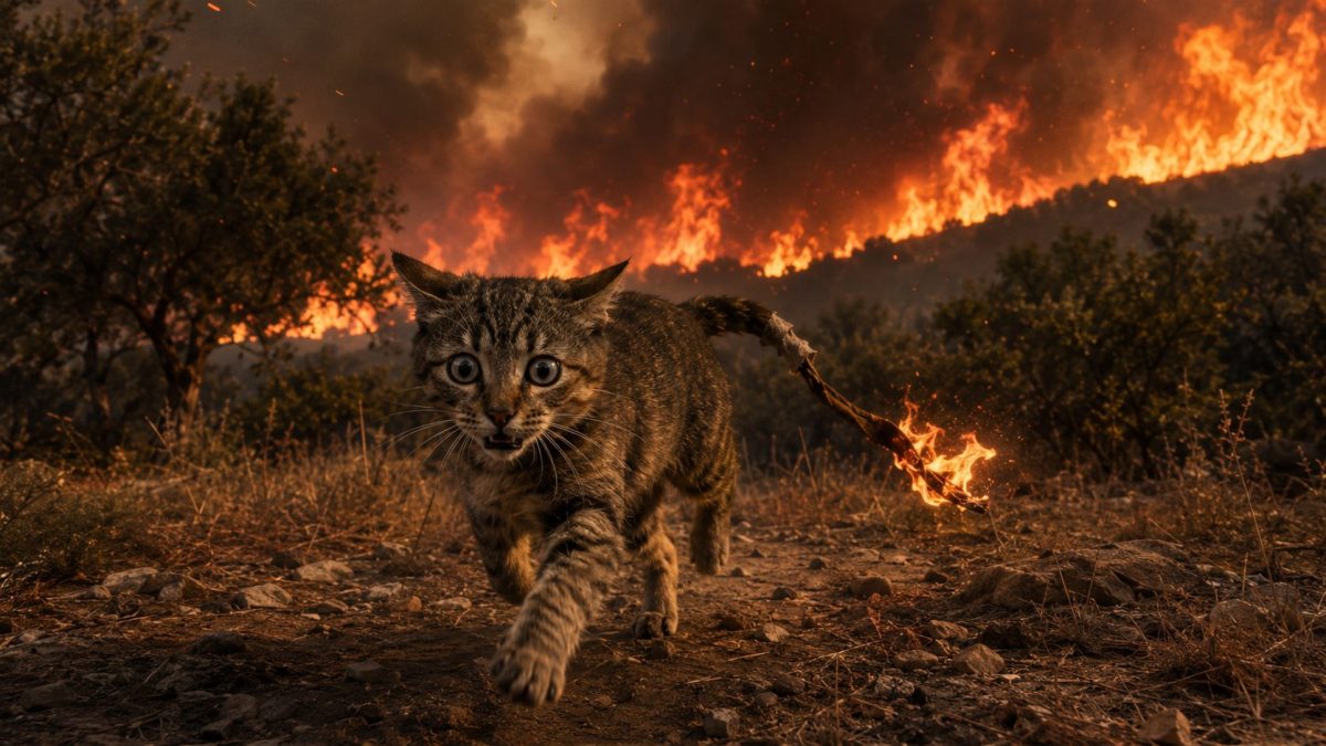 Chat terrifié fuyant un incendie de forêt en Calabre, en Italie, avec un chiffon enflammé attaché à la queue, illustration des accusations visant des pyromanes.