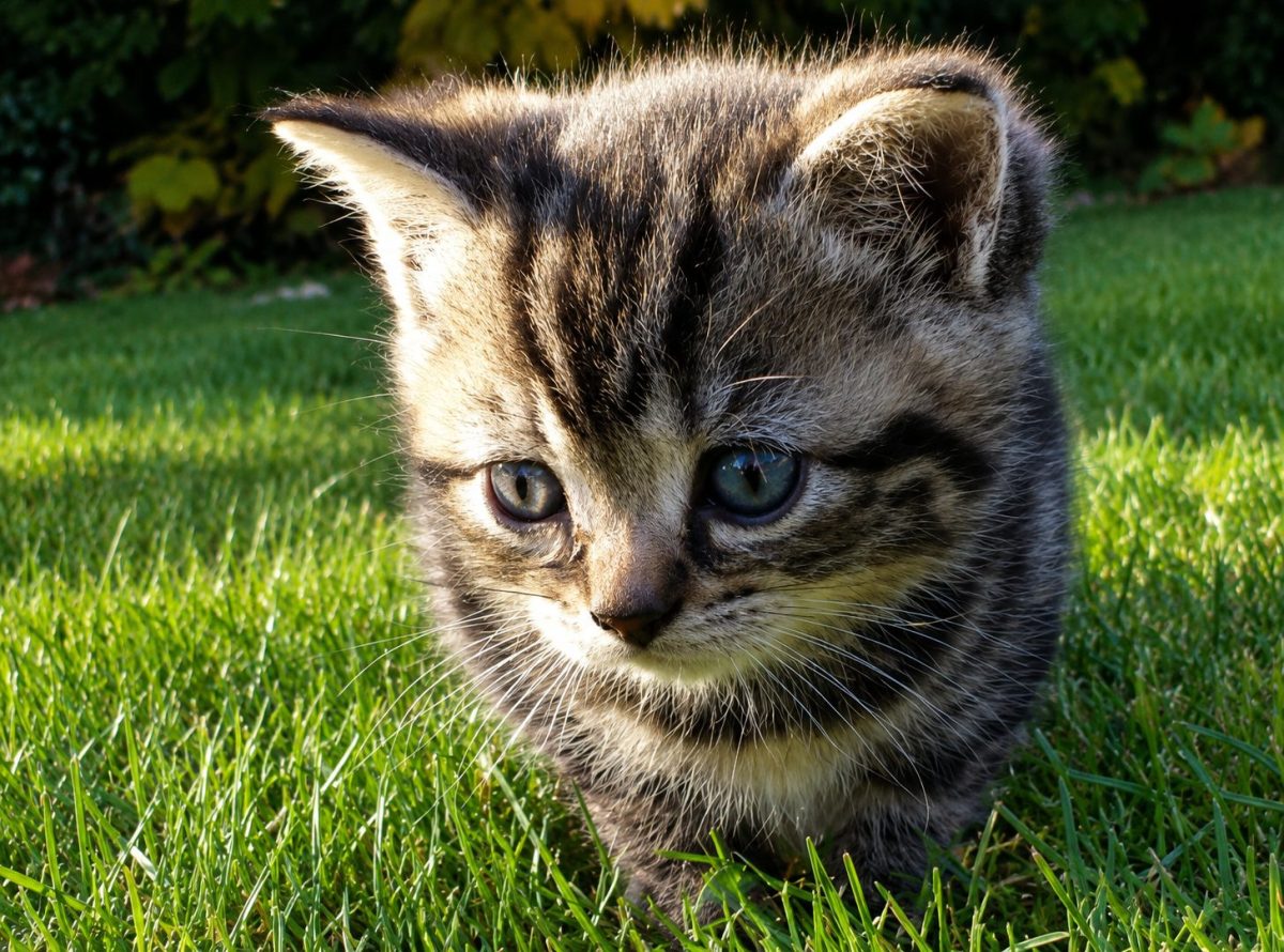 Chaton tigré assis dans une pelouse verte regardant attentivement devant lui, illustrant le comportement du chat, les émotions félines, l'attachement au propriétaire, le stress lié aux changements de l'environnement et la question de la jalousie chez les chats.