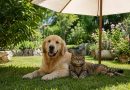 Chien et chat allongés à l'ombre sous un parasol dans un jardin pendant une canicule. Cette image illustre les bons gestes pour protéger les animaux de compagnie de la chaleur, en leur offrant un espace frais, ombragé et de l'eau afin de prévenir le coup de chaleur durant les fortes températures estivales.