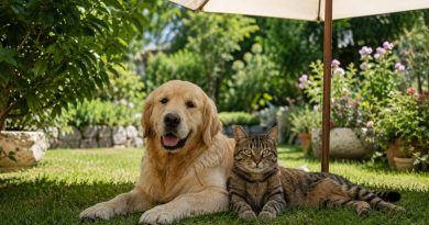 Chien et chat allongés à l'ombre sous un parasol dans un jardin pendant une canicule. Cette image illustre les bons gestes pour protéger les animaux de compagnie de la chaleur, en leur offrant un espace frais, ombragé et de l'eau afin de prévenir le coup de chaleur durant les fortes températures estivales.