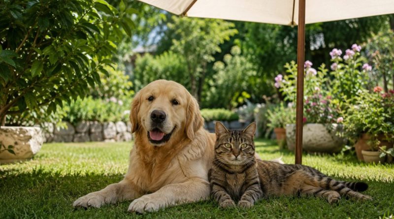 Chien et chat allongés à l'ombre sous un parasol dans un jardin pendant une canicule. Cette image illustre les bons gestes pour protéger les animaux de compagnie de la chaleur, en leur offrant un espace frais, ombragé et de l'eau afin de prévenir le coup de chaleur durant les fortes températures estivales.