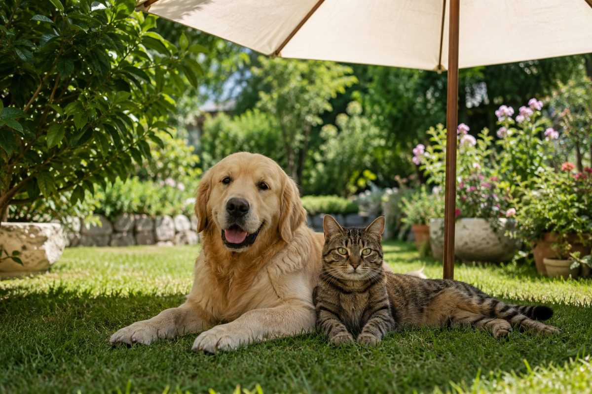 Chien et chat allongés à l'ombre sous un parasol dans un jardin pendant une canicule. Cette image illustre les bons gestes pour protéger les animaux de compagnie de la chaleur, en leur offrant un espace frais, ombragé et de l'eau afin de prévenir le coup de chaleur durant les fortes températures estivales.