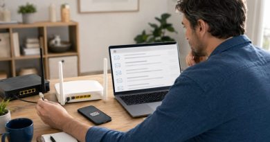 Personne consultant sa messagerie électronique sur un ordinateur après avoir changé d’opérateur Internet, avec les services Orange, Free, SFR et Bouygues Telecom évoqués.