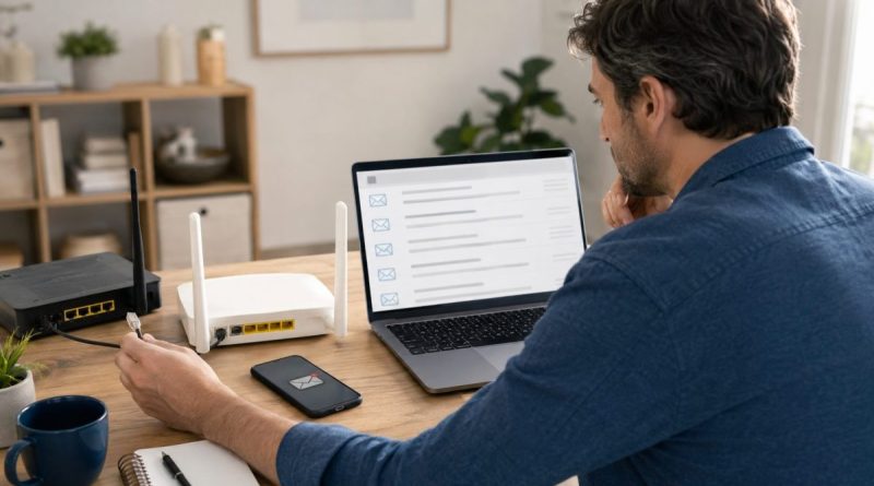 Personne consultant sa messagerie électronique sur un ordinateur après avoir changé d’opérateur Internet, avec les services Orange, Free, SFR et Bouygues Telecom évoqués.