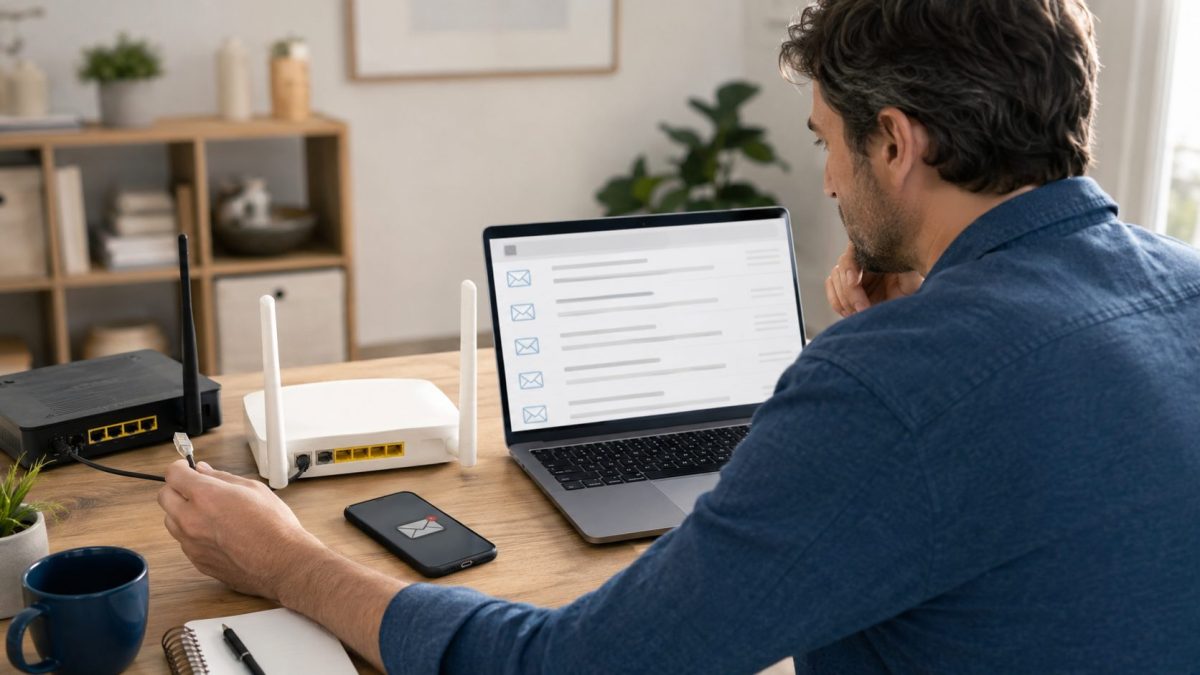 Personne consultant sa messagerie électronique sur un ordinateur après avoir changé d’opérateur Internet, avec les services Orange, Free, SFR et Bouygues Telecom évoqués.