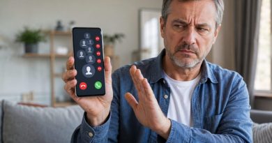 Homme agacé faisant un geste de refus devant un smartphone affichant plusieurs appels commerciaux, pour illustrer l’interdiction du démarchage téléphonique sans consentement dès le 11 août 2026.