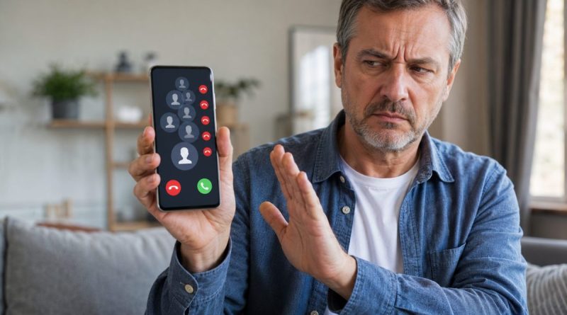 Homme agacé faisant un geste de refus devant un smartphone affichant plusieurs appels commerciaux, pour illustrer l’interdiction du démarchage téléphonique sans consentement dès le 11 août 2026.
